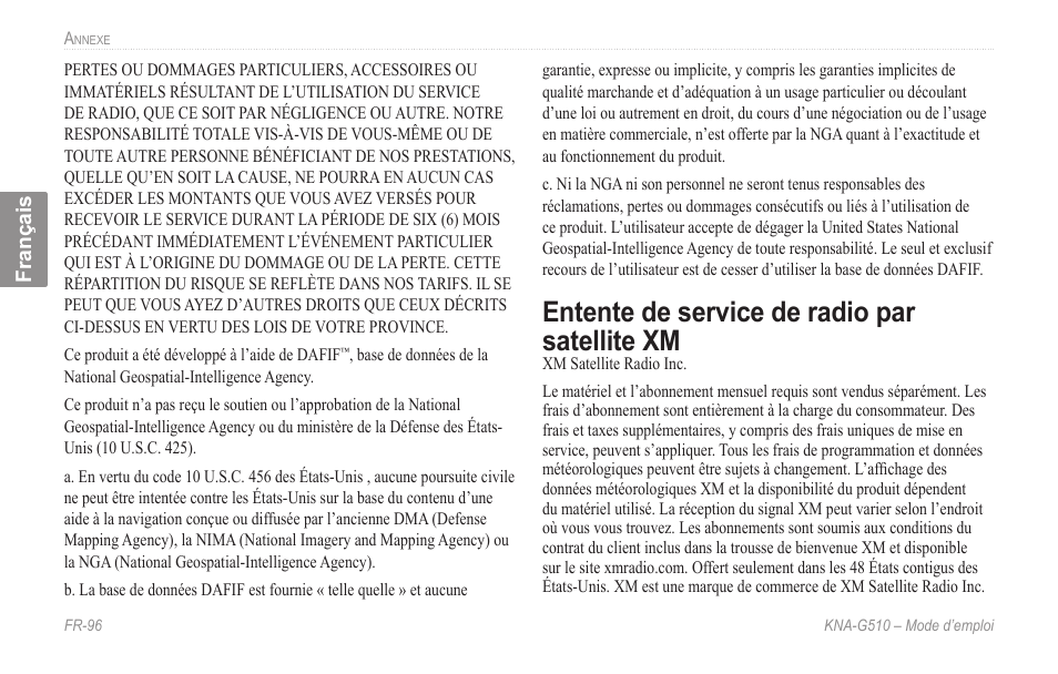 Entente de service de radio par satellite xm, Entente.de.service.de.radio.par, Satellite.xm | Kenwood KNA-G510 User Manual | Page 102 / 160