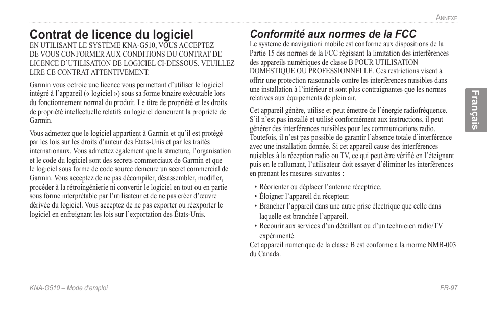 Contrat de licence du logiciel, Contrat.de.licence.du.logiciel, Conformité aux normes de la fcc | Kenwood KNA-G510 User Manual | Page 103 / 160