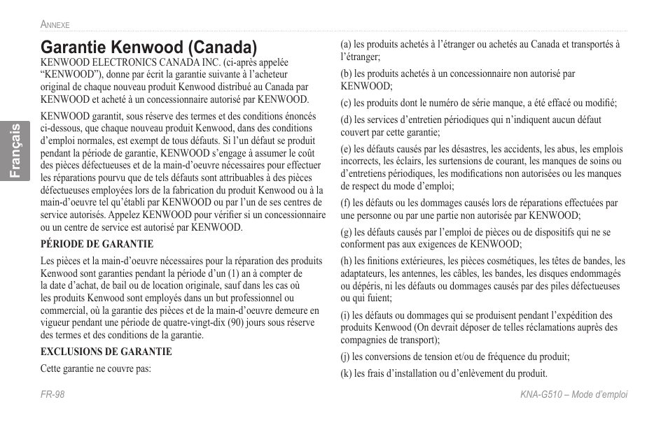 Garantie kenwood (canada), Garantie.kenwood.(canada) | Kenwood KNA-G510 User Manual | Page 104 / 160