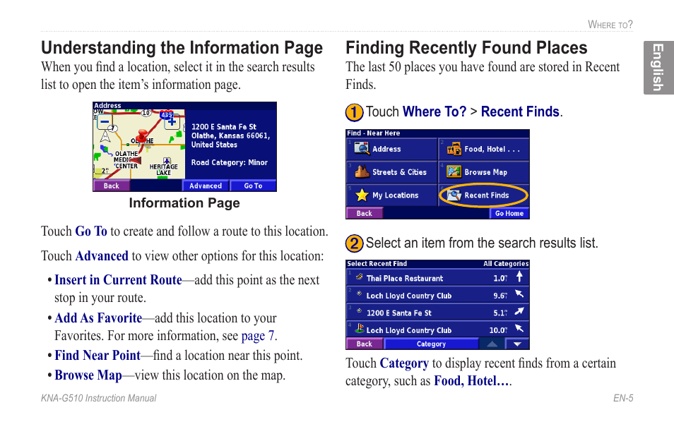 Finding recently found places, Understanding the information page | Kenwood KNA-G510 User Manual | Page 11 / 160