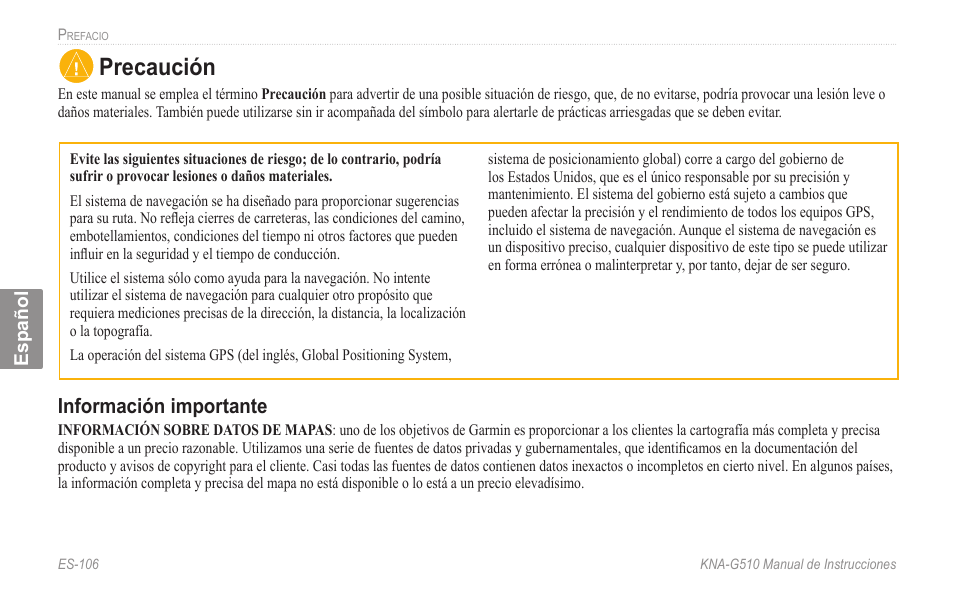 Precaución, Información importante | Kenwood KNA-G510 User Manual | Page 112 / 160