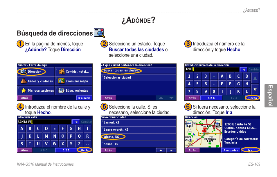 Adónde, Búsqueda.de.direcciones, Búsqueda de direcciones | Kenwood KNA-G510 User Manual | Page 115 / 160