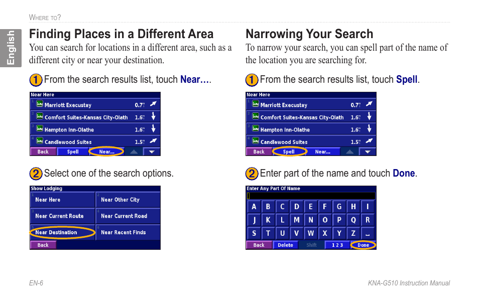 Finding places in a different area, Narrowing your search | Kenwood KNA-G510 User Manual | Page 12 / 160