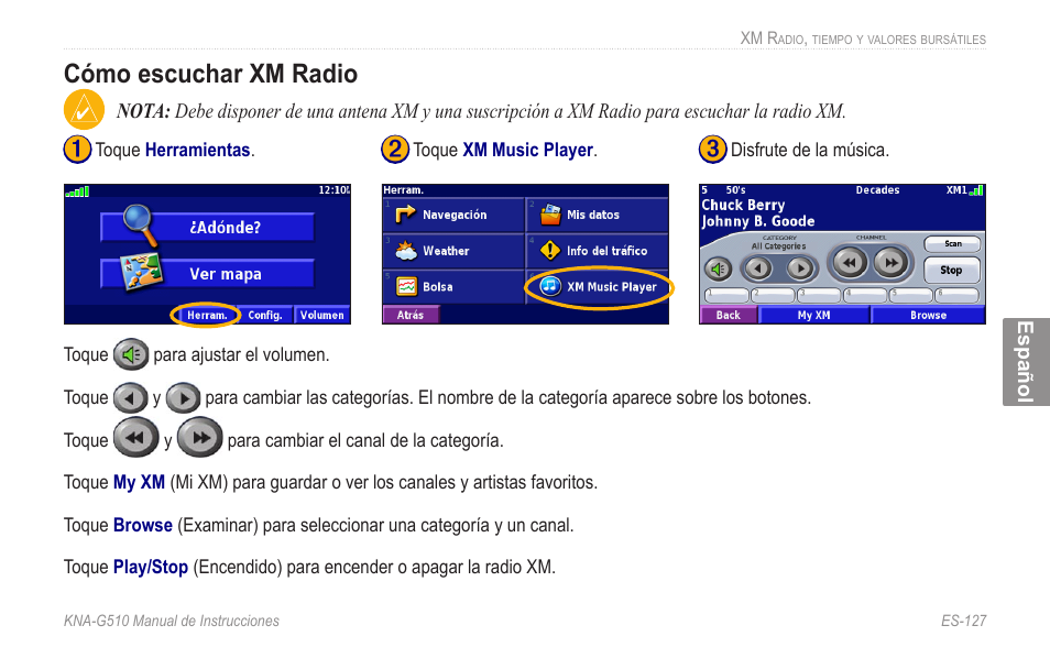 Cómo.escuchar.xm.radio, Cómo escuchar xm radio | Kenwood KNA-G510 User Manual | Page 133 / 160