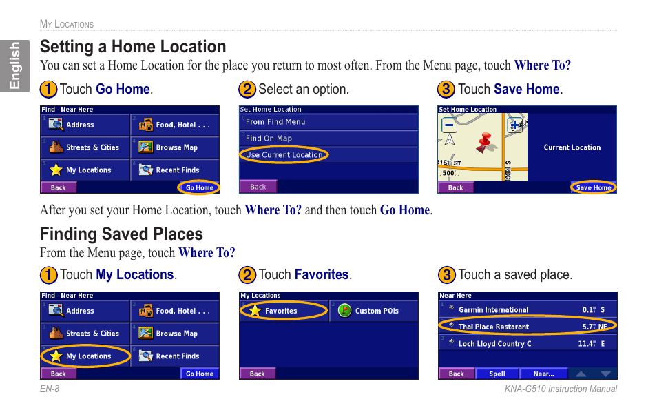Setting a home location, Finding saved places, Setting.a.home.location finding.saved.places | Kenwood KNA-G510 User Manual | Page 14 / 160