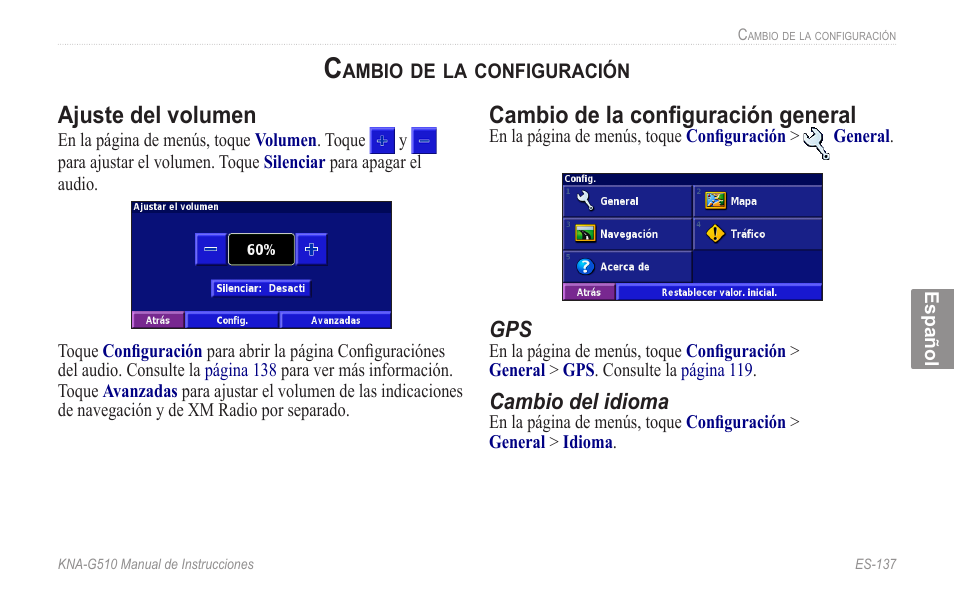 Cambio de la configuración, Ajuste del volumen, Cambio de la configuración general | Kenwood KNA-G510 User Manual | Page 143 / 160