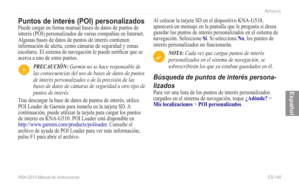 Puntos.de.interés.(poi), Personalizados, Puntos de interés (poi) personalizados | Kenwood KNA-G510 User Manual | Page 151 / 160