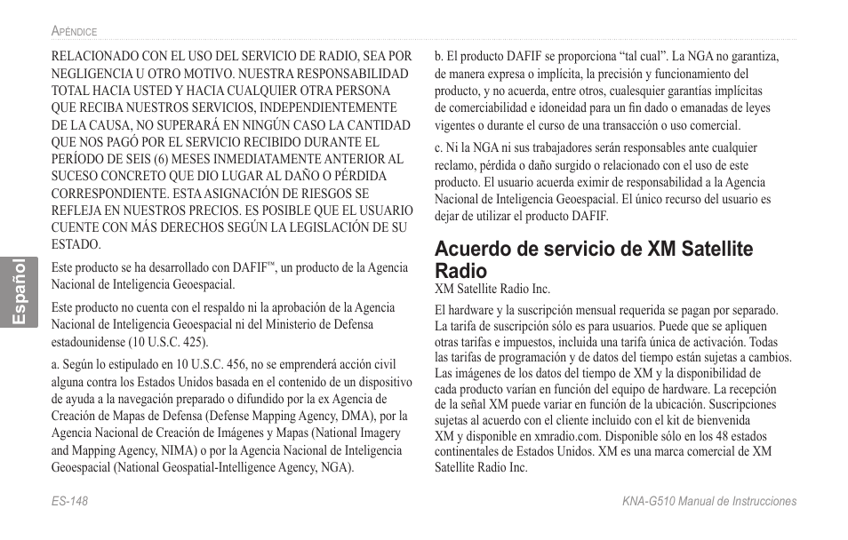 Acuerdo.de.servicio.de.xm.satellite, Radio, Acuerdo de servicio de xm satellite radio | Kenwood KNA-G510 User Manual | Page 154 / 160