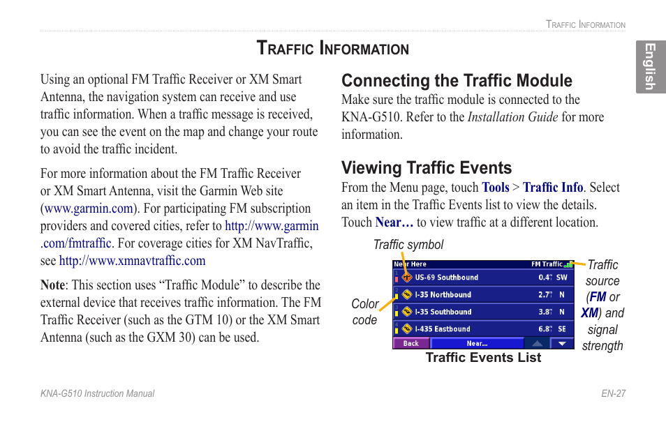 Traffic information, Connecting the traffic module, Viewing traffic events | Kenwood KNA-G510 User Manual | Page 33 / 160