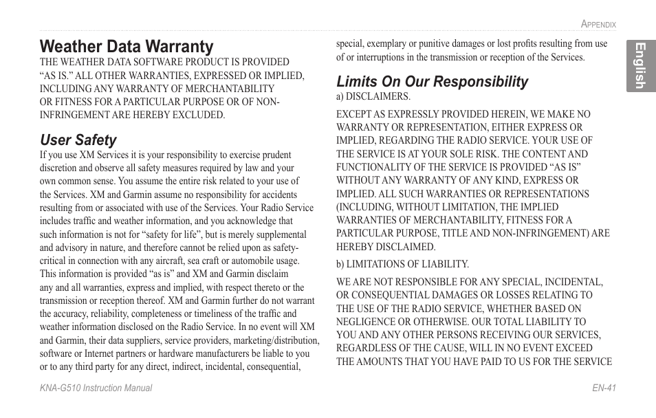 Weather data warranty, Weather.data.warranty, User safety | Limits on our responsibility | Kenwood KNA-G510 User Manual | Page 47 / 160