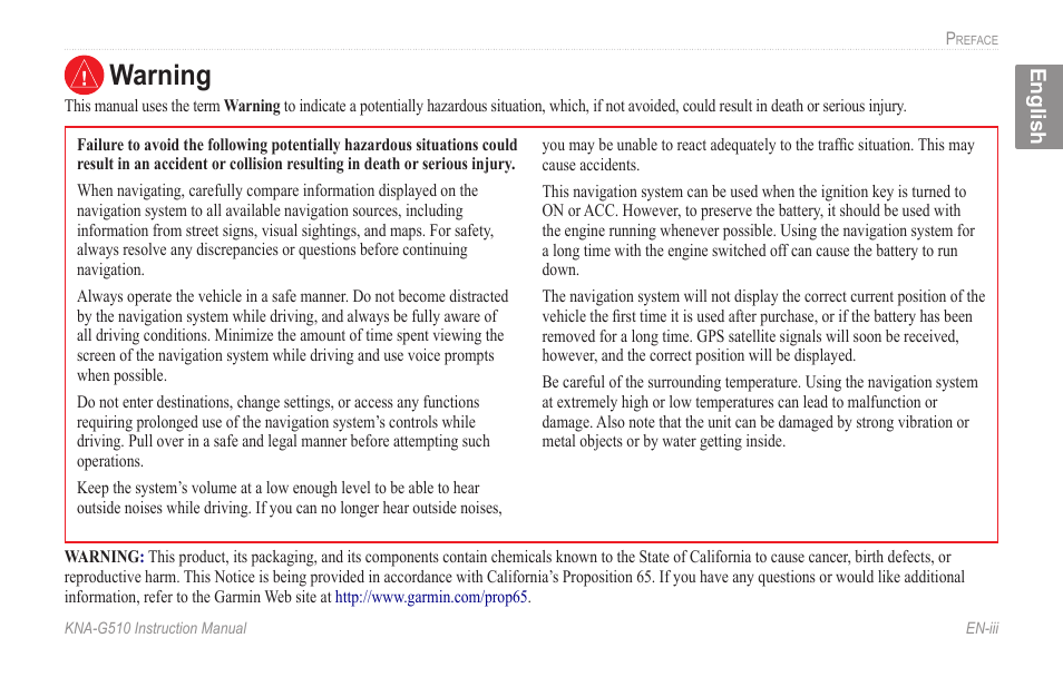 Warning | Kenwood KNA-G510 User Manual | Page 5 / 160