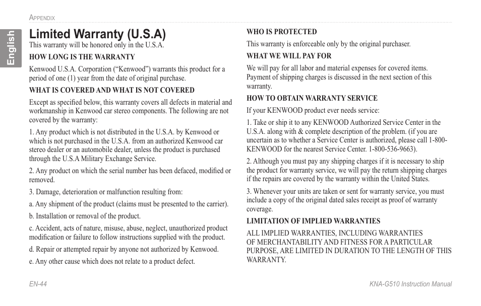 Limited warranty (u.s.a), Limited.warranty.(u.s.a), Limited warranty �u.s.a | Kenwood KNA-G510 User Manual | Page 50 / 160