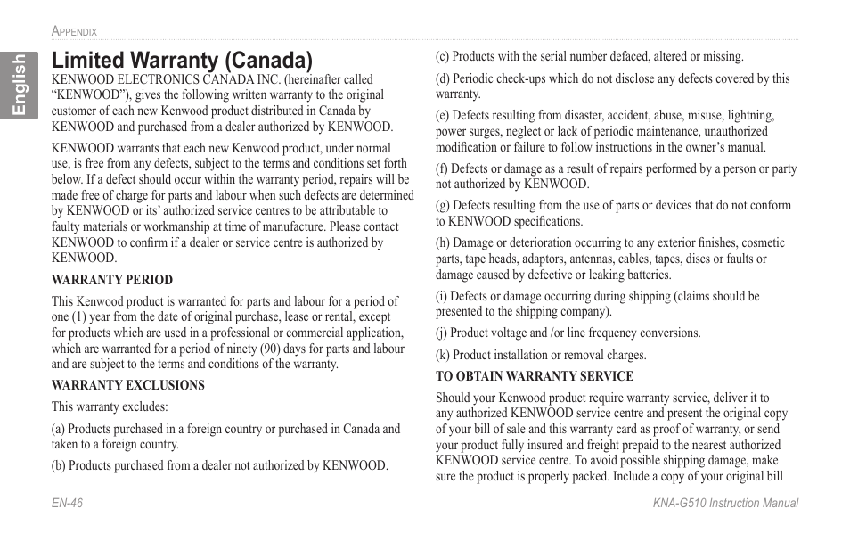 Limited warranty (canada), Limited.warranty.(canada), Limited warranty �canada | Kenwood KNA-G510 User Manual | Page 52 / 160