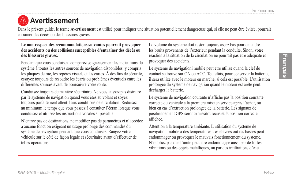 Avertissement | Kenwood KNA-G510 User Manual | Page 59 / 160