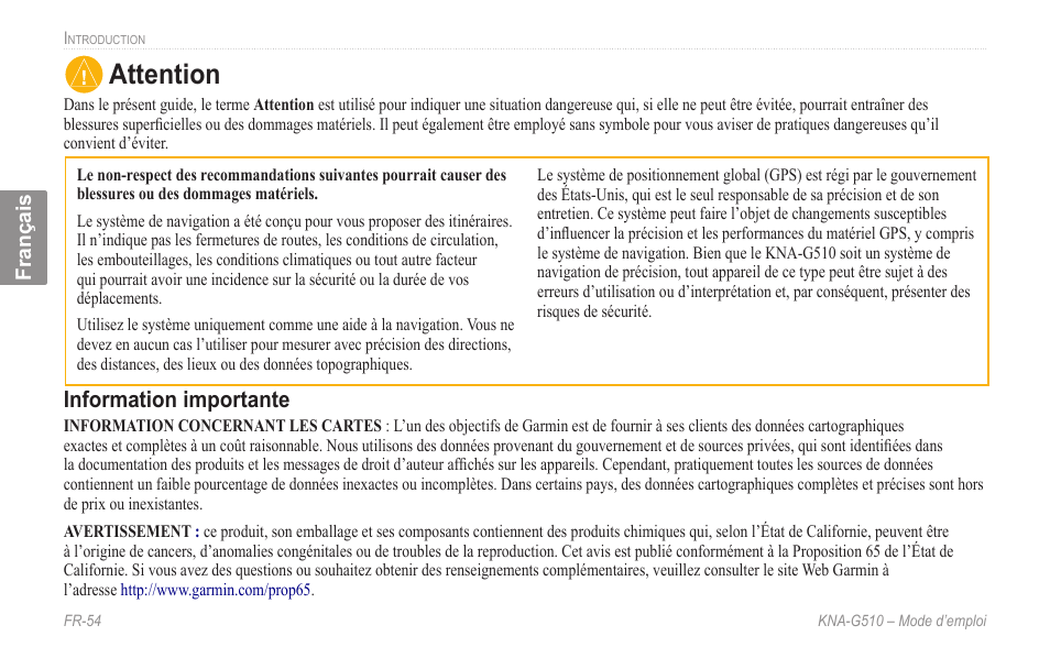 Attention, Information importante | Kenwood KNA-G510 User Manual | Page 60 / 160