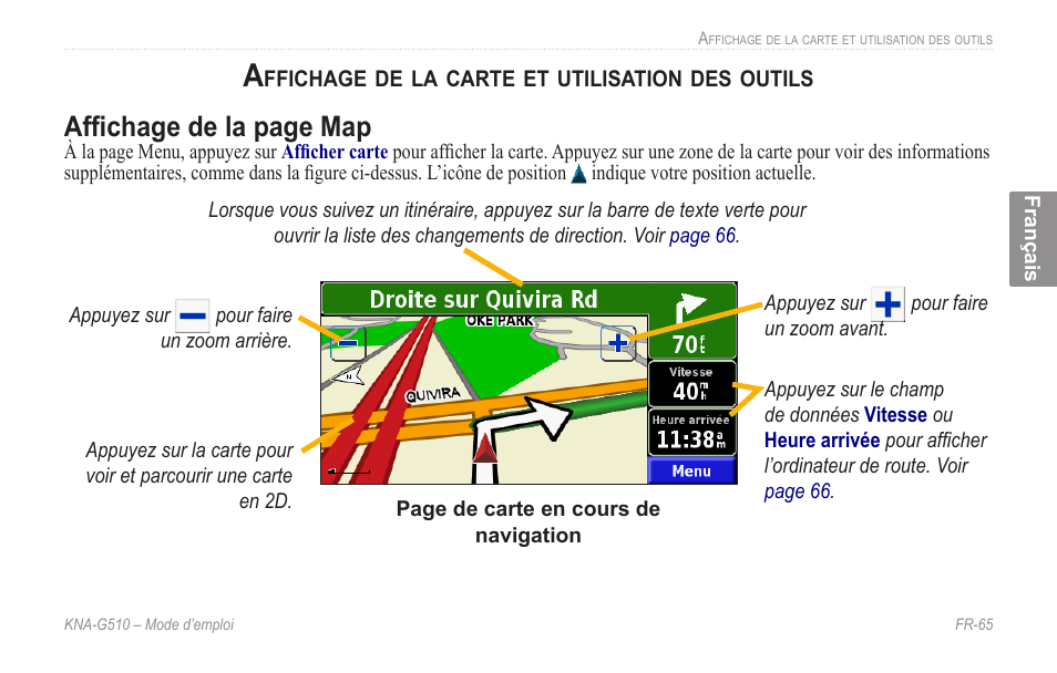 Affichage de la carte et utilisation des outils, Affichage de la carte et, Utilisation des outils | Affichage de la page map | Kenwood KNA-G510 User Manual | Page 71 / 160