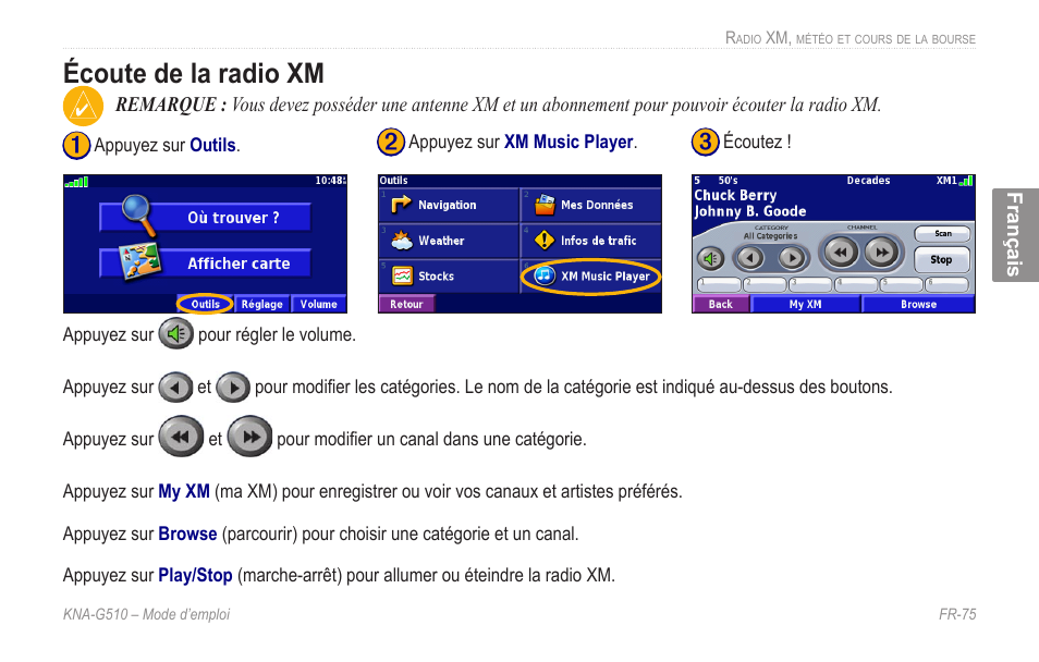 Écoute de la radio xm, Écoute.de.la.radio.xm | Kenwood KNA-G510 User Manual | Page 81 / 160
