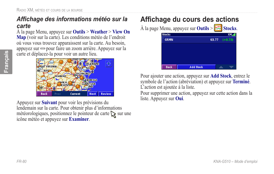 Affichage du cours des actions, Affichage des informations météo sur la carte | Kenwood KNA-G510 User Manual | Page 86 / 160