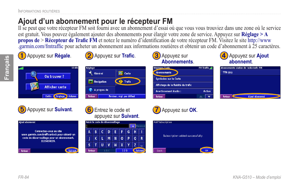 Ajout d’un abonnement pour le récepteur fm, Ajout.d’un.abonnement.pour.le, Récepteur.fm | Kenwood KNA-G510 User Manual | Page 90 / 160