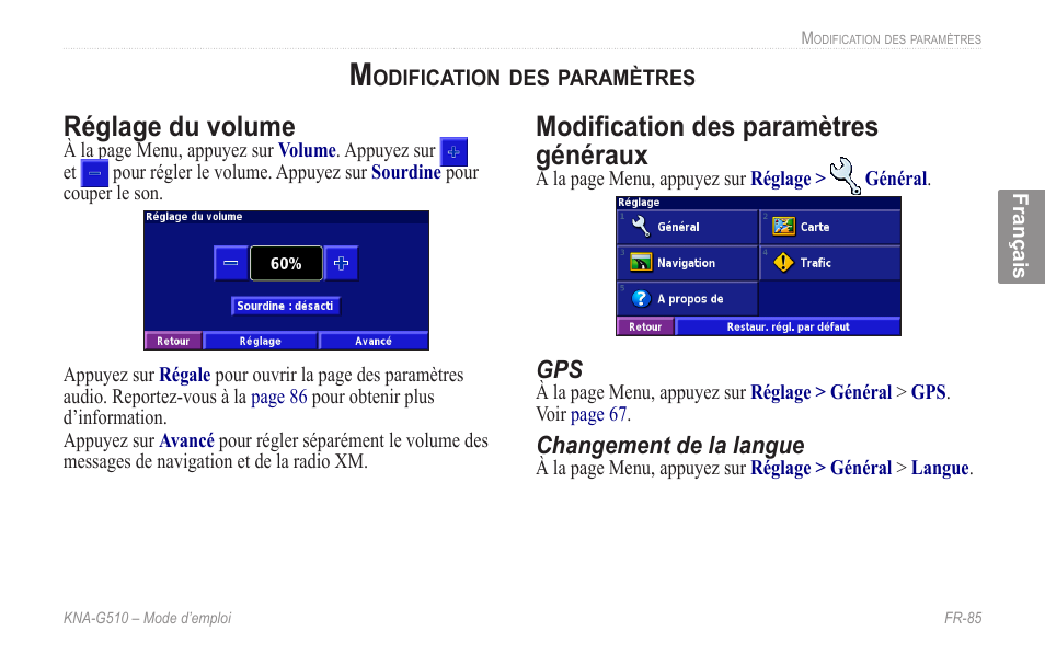 Modification des paramètres, Réglage du volume, Modification des paramètres généraux | Kenwood KNA-G510 User Manual | Page 91 / 160