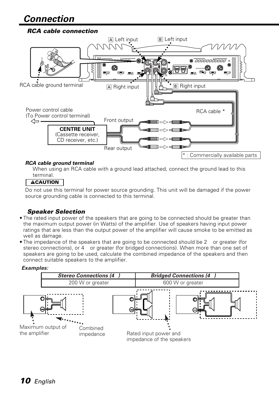 Rca cable connection, Speaker selection, Connection | English, Front output rear output a left input b left input, 2 caution | Kenwood KAC-PS501F User Manual | Page 10 / 15