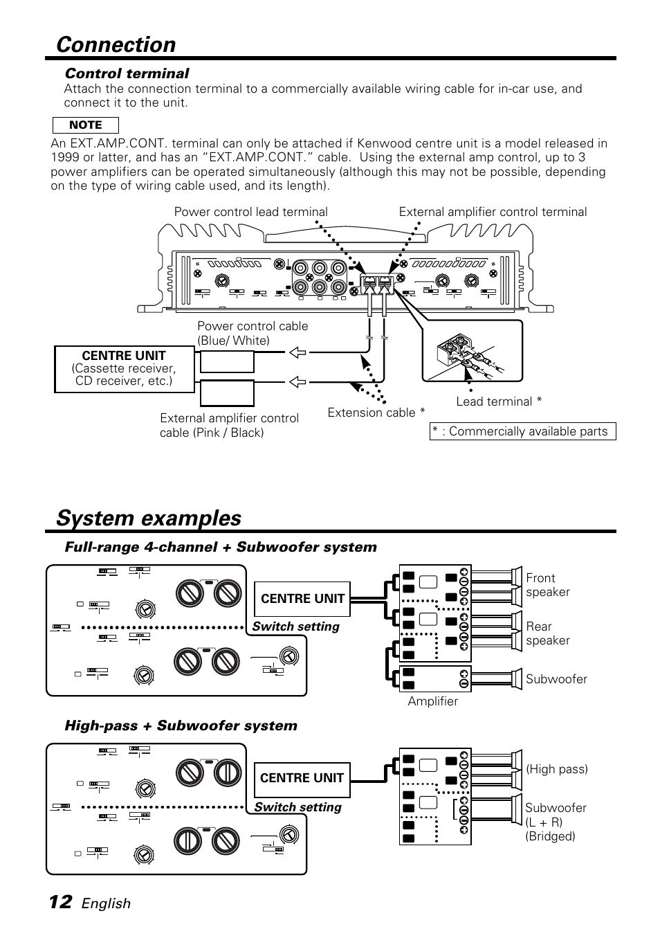 Control terminal, System examples, Connection system examples | English, Full-range 4-channel + subwoofer system, High-pass + subwoofer system, Ext.amp. cont. p.cont, Bridged | Kenwood KAC-PS501F User Manual | Page 12 / 15