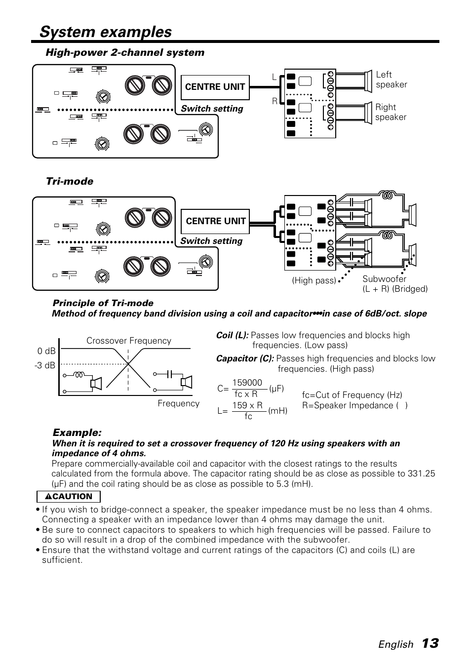 System examples, English, Tri-mode | Example, High-power 2-channel system, 2 caution | Kenwood KAC-PS501F User Manual | Page 13 / 15