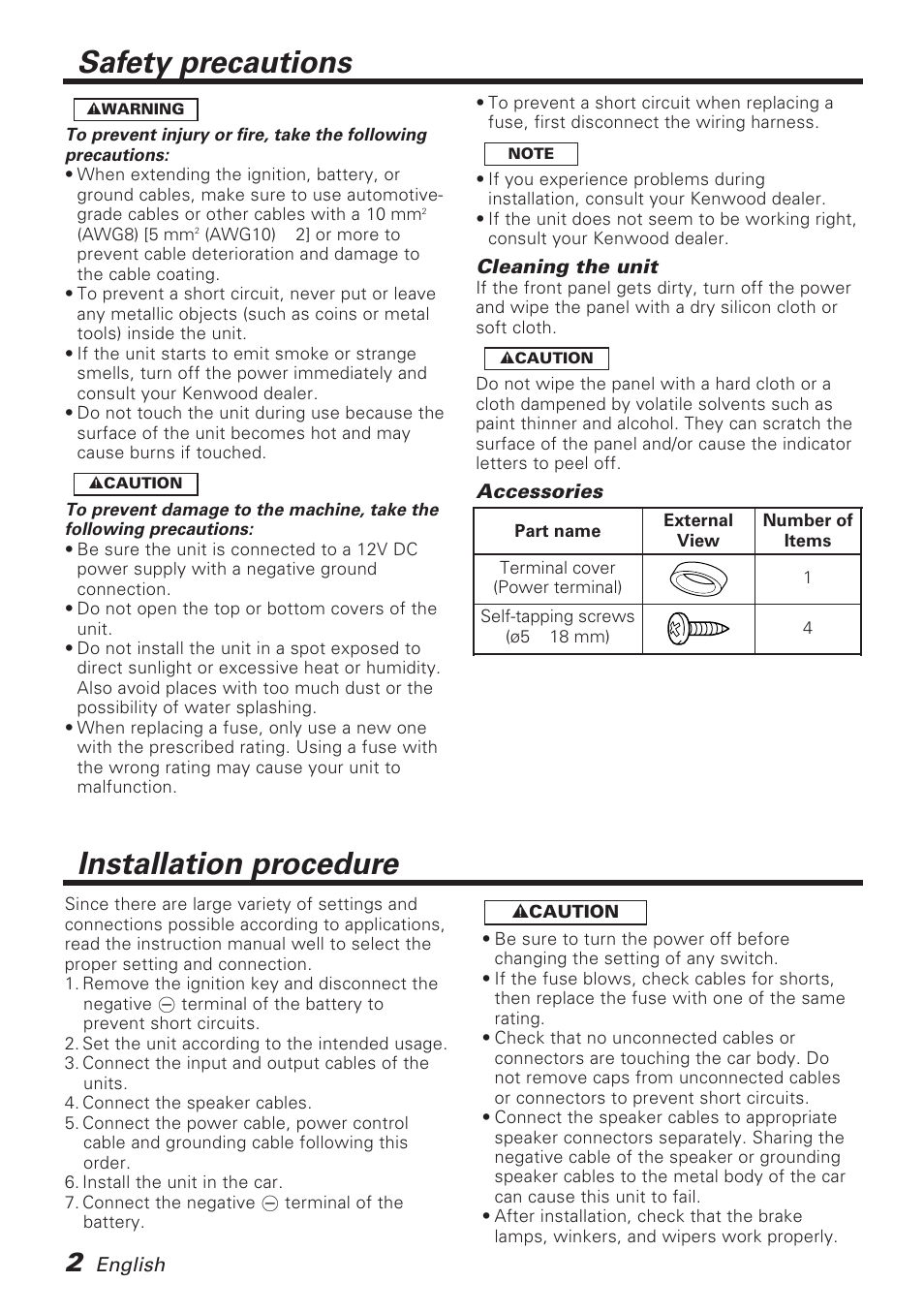 Safety precautions, Installation procedure, Safety precautions installation procedure | Kenwood KAC-PS501F User Manual | Page 2 / 15