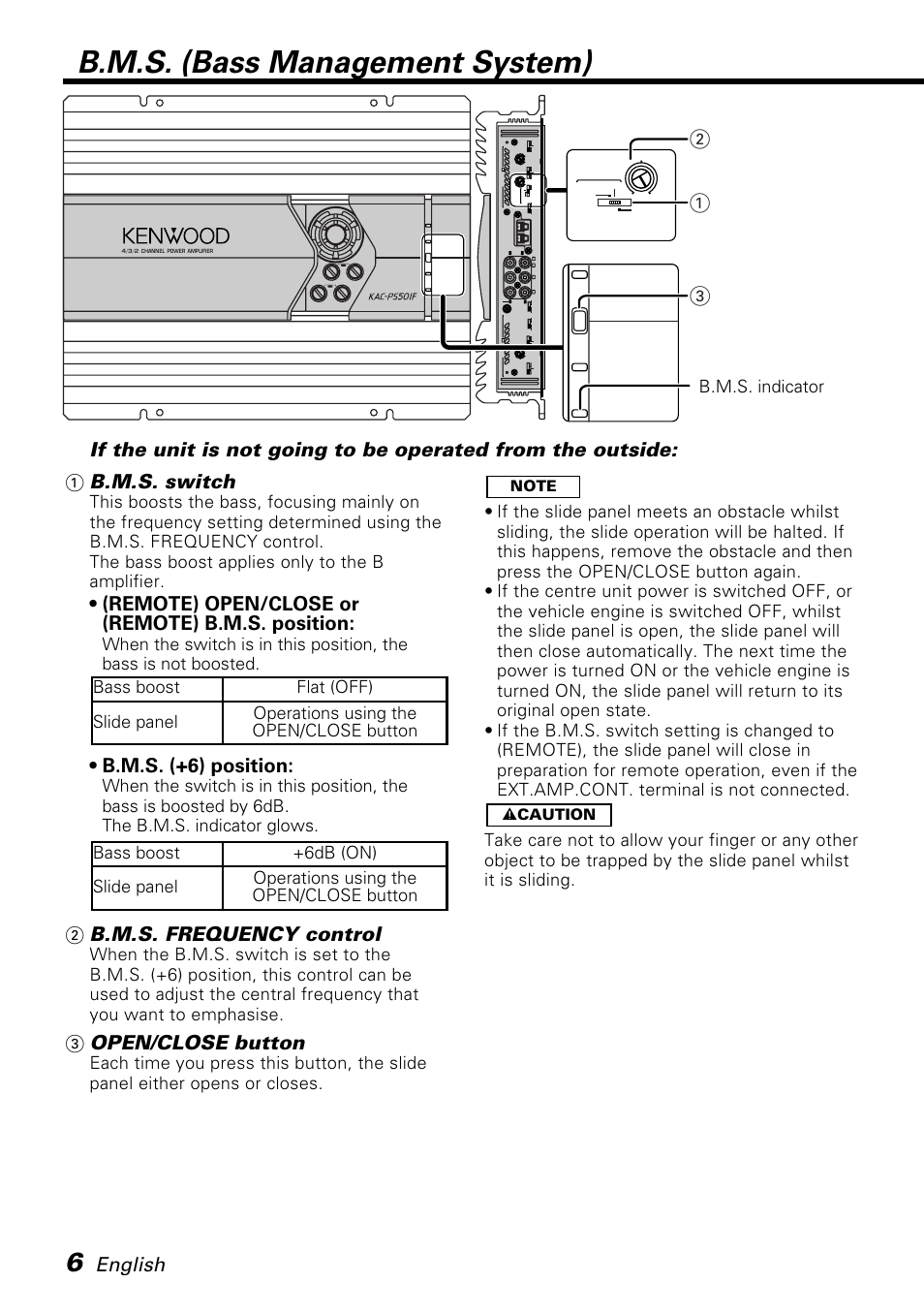 B.m.s. (bass management system), English, Remote) open/close or (remote) b.m.s. position | B.m.s. (+6) position, 2b.m.s. frequency control, 3open/close button | Kenwood KAC-PS501F User Manual | Page 6 / 15