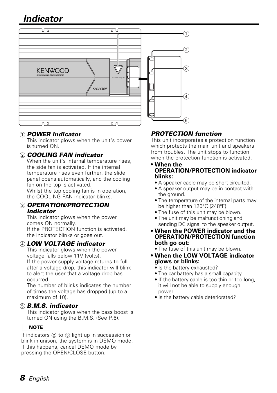 Indicator, English, 1power indicator | 2cooling fan indicator, 3operation/protection indicator, 4low voltage indicator, 5b.m.s. indicator, Protection function, When the operation/protection indicator blinks, When the low voltage indicator glows or blinks | Kenwood KAC-PS501F User Manual | Page 8 / 15