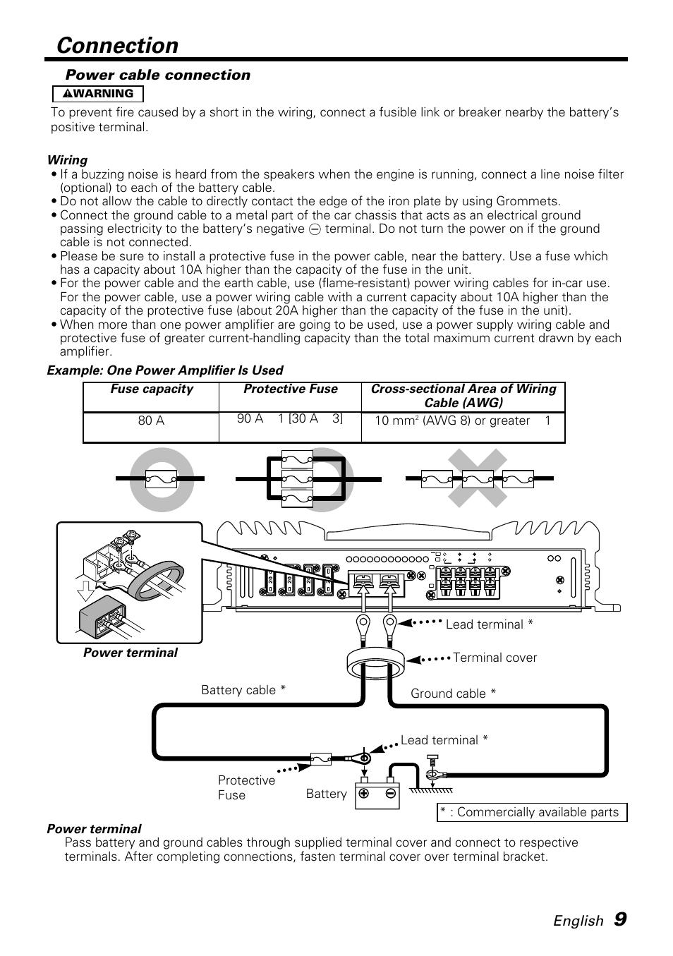 Connection, Power cable connection, English | Kenwood KAC-PS501F User Manual | Page 9 / 15