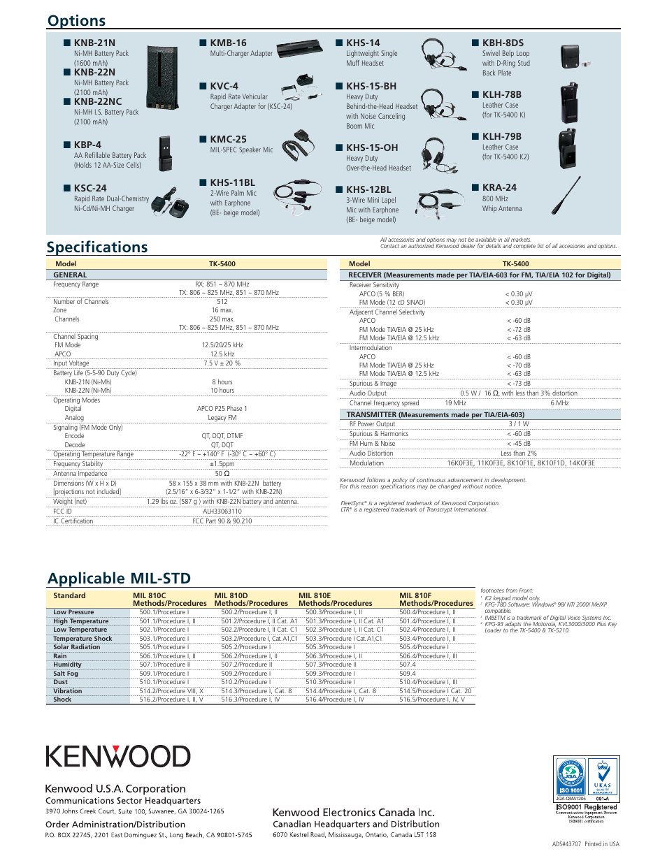 Specifications, Options, Applicable mil-std | Knb-21n, Knb-22n, Knb-22nc, Kbp-4, Ksc-24, Kmb-16, Kvc-4 | Kenwood TK-5400 User Manual | Page 2 / 2