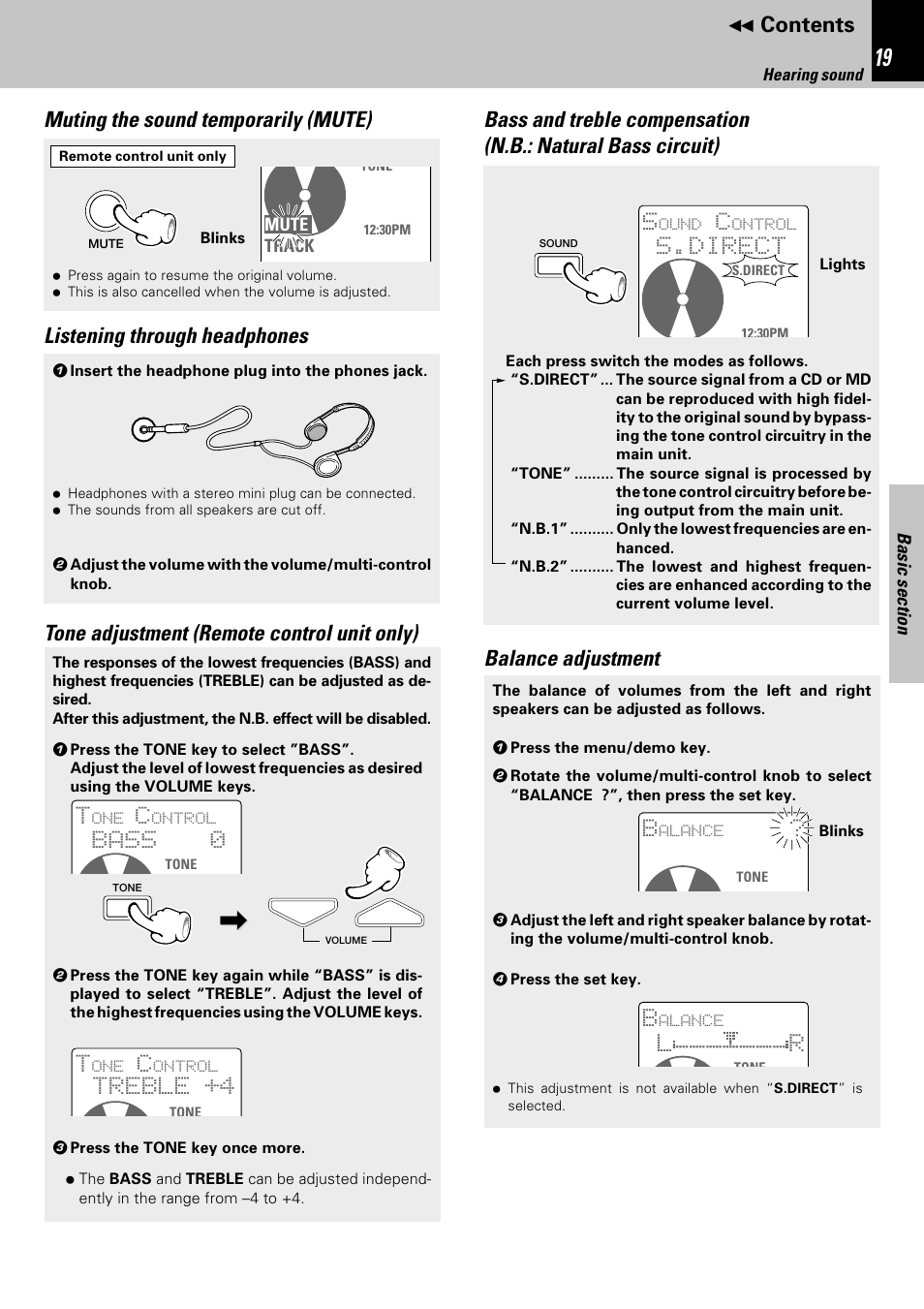 Contents muting the sound temporarily (mute), Listening through headphones, Balance adjustment | Tone adjustment (remote control unit only), 0bass 0, 0treble 0 +4, S.direct | Kenwood HM-582MD User Manual | Page 19 / 84