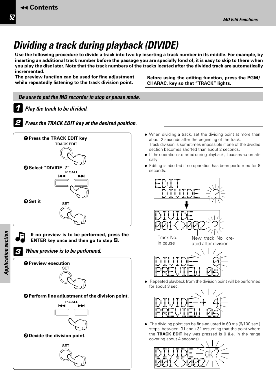 Dividing a track during playback (divide) | Kenwood HM-582MD User Manual | Page 52 / 84