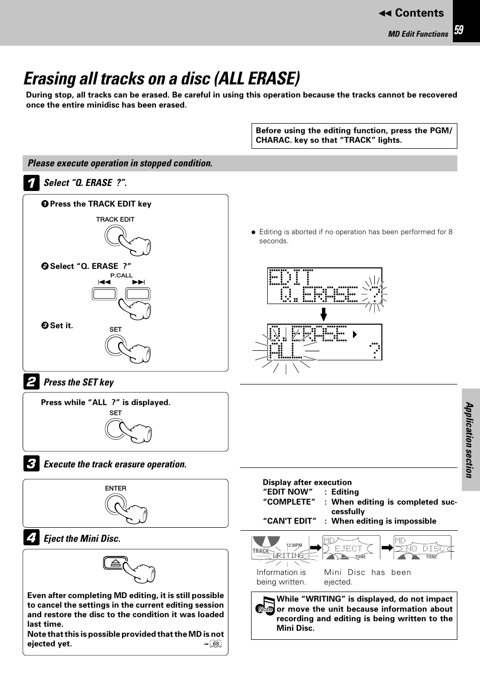 Erasing all tracks on a disc (all erase), 0q.erase ? edit all .erase ? q.erase | Kenwood HM-582MD User Manual | Page 59 / 84