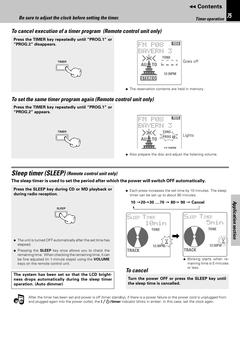 Sleep timer (sleep) (remote control unit only), Sleep timer, Sleep timer (sleep) | Fm p08 bayern 3, 5min, 10min | Kenwood HM-582MD User Manual | Page 75 / 84