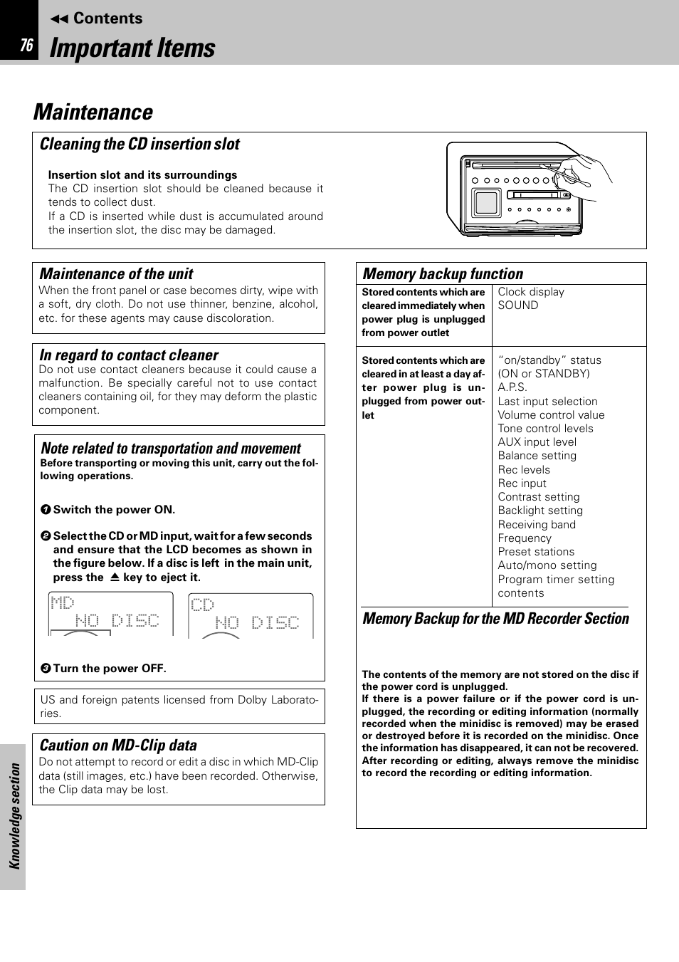 Important items, Maintenance, Cleaning the cd insertion slot | Kenwood HM-582MD User Manual | Page 76 / 84