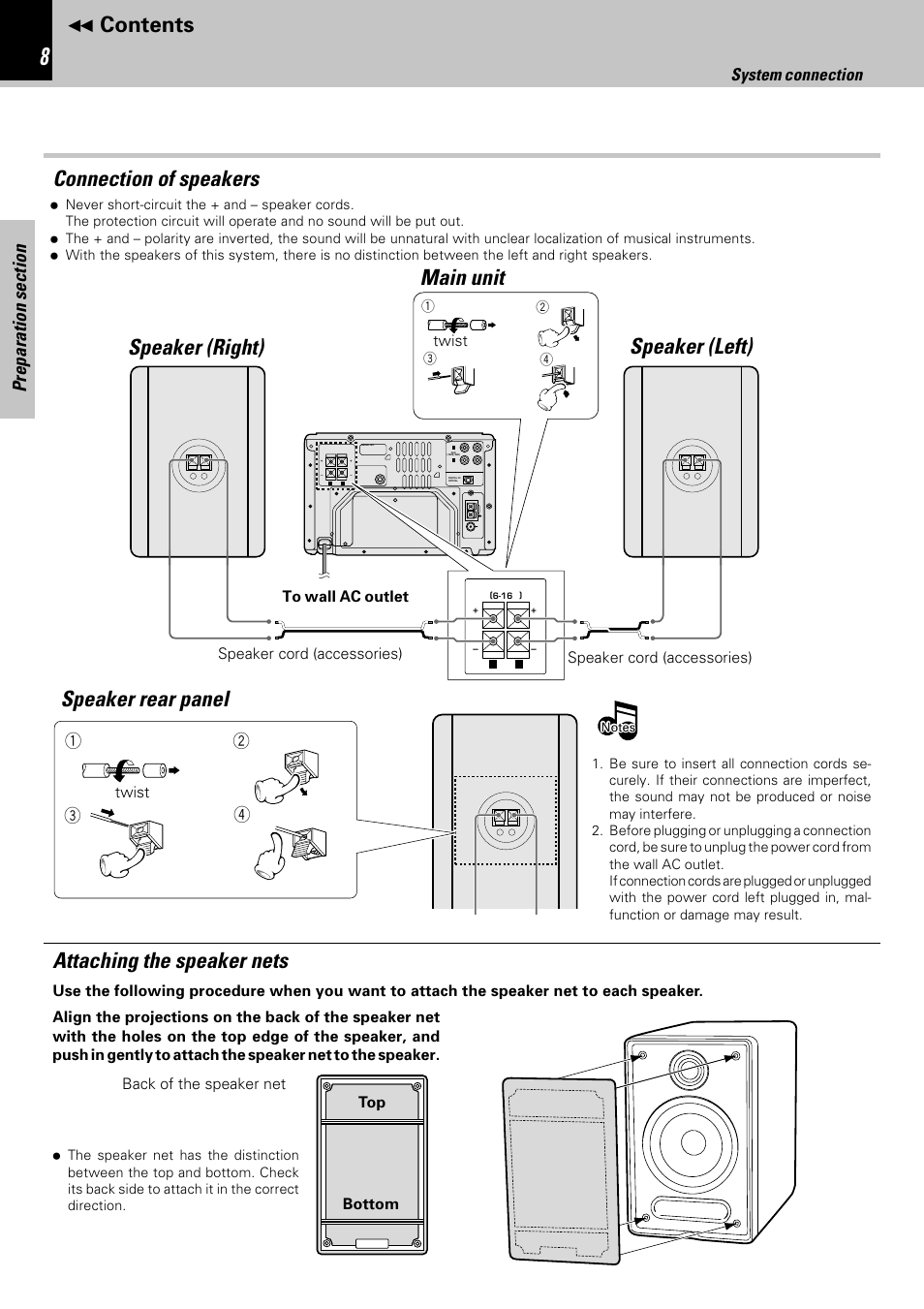 Contents connection of speakers, Speaker rear panel, Main unit speaker (right) speaker (left) | Attaching the speaker nets, System connection | Kenwood HM-582MD User Manual | Page 8 / 84