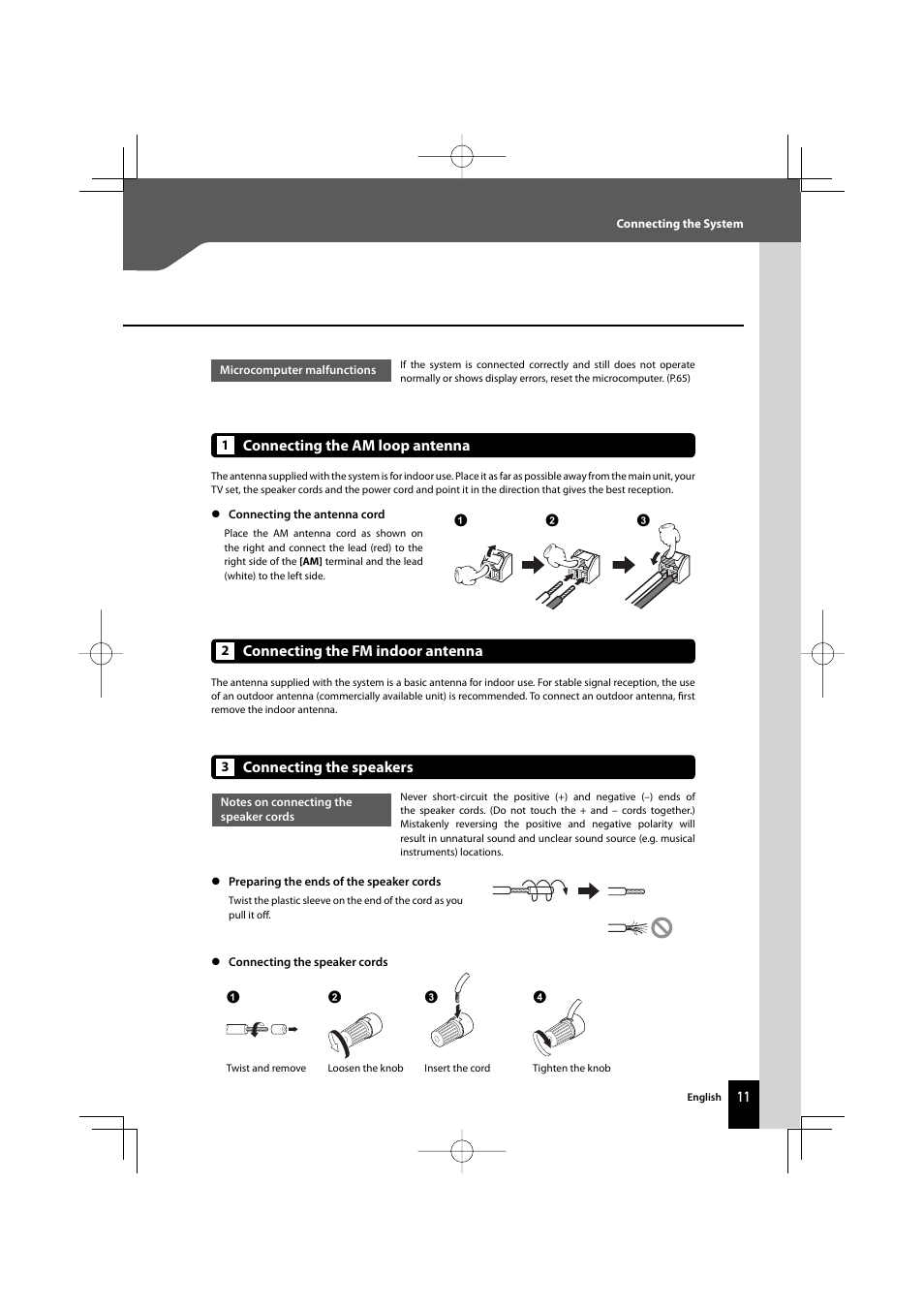 Connecting the am loop antenna, Connecting the fm indoor antenna, Connecting the speakers | Kenwood AMPLIFIER/TUNER R-K1000 User Manual | Page 11 / 68