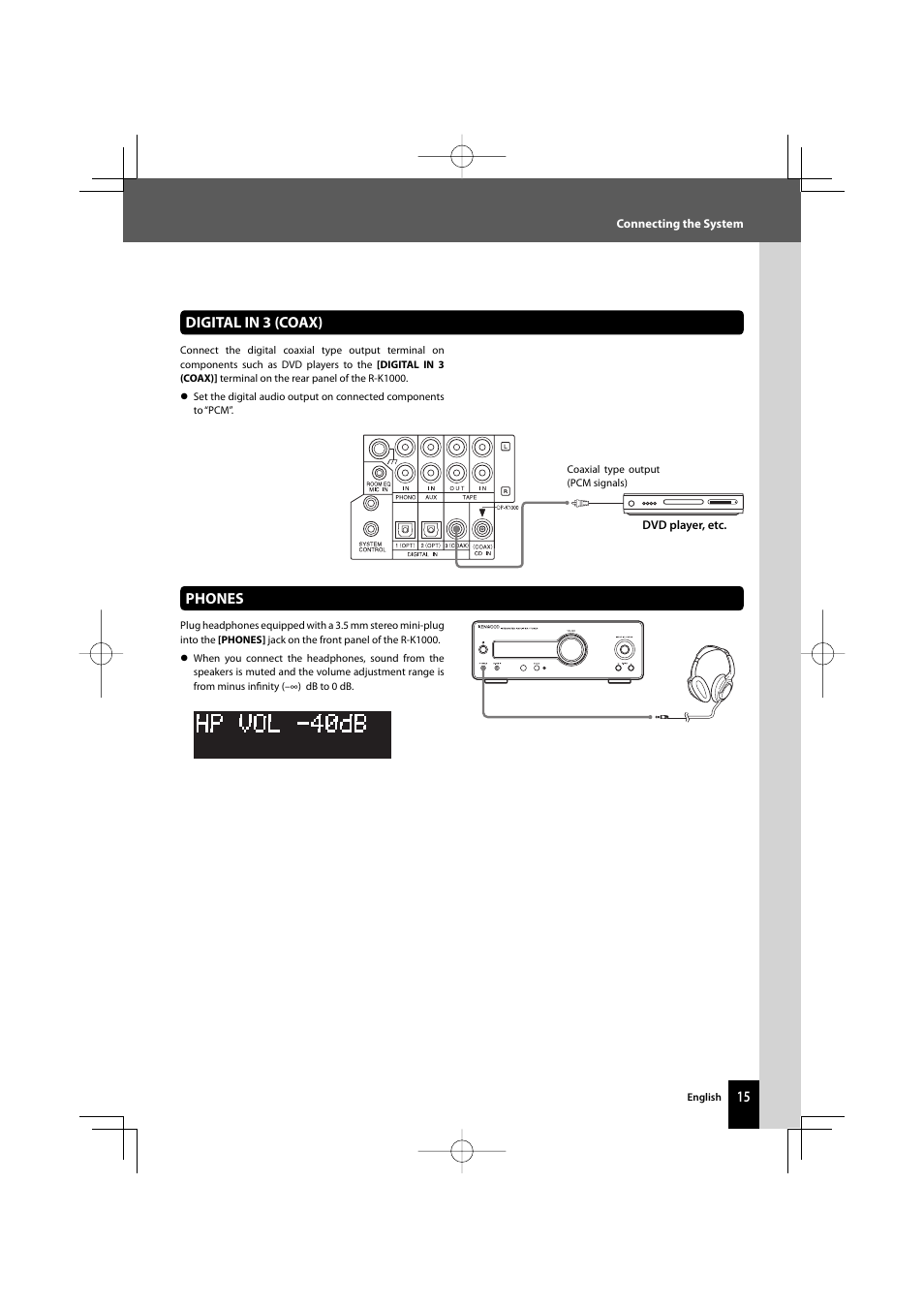 Digital in 3 (coax), Phones | Kenwood AMPLIFIER/TUNER R-K1000 User Manual | Page 15 / 68