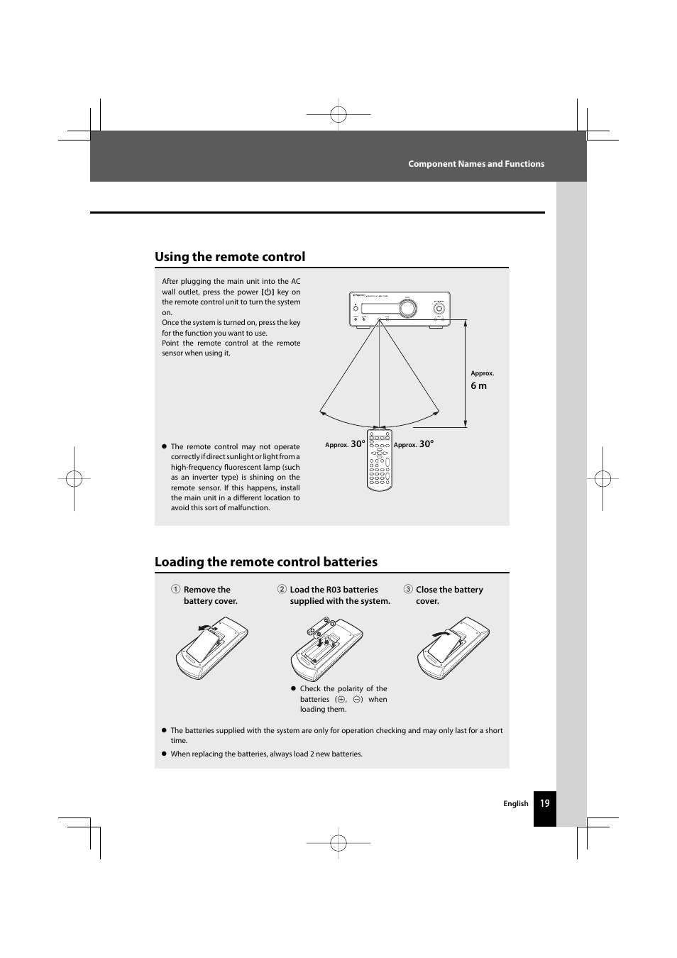 Loading the remote control batteries, Using the remote control | Kenwood AMPLIFIER/TUNER R-K1000 User Manual | Page 19 / 68