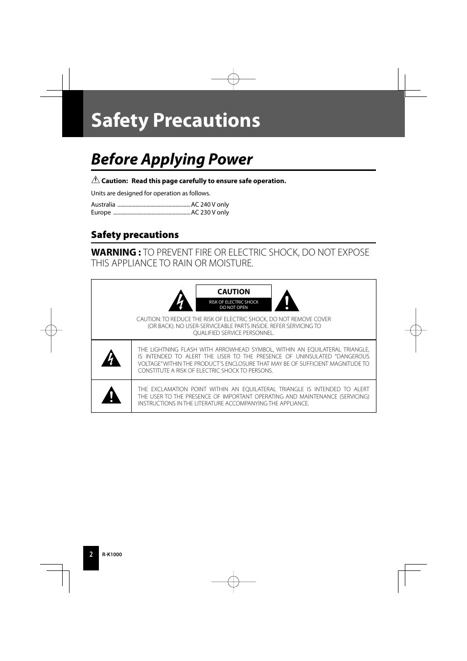 Safety precautions, Before applying power | Kenwood AMPLIFIER/TUNER R-K1000 User Manual | Page 2 / 68