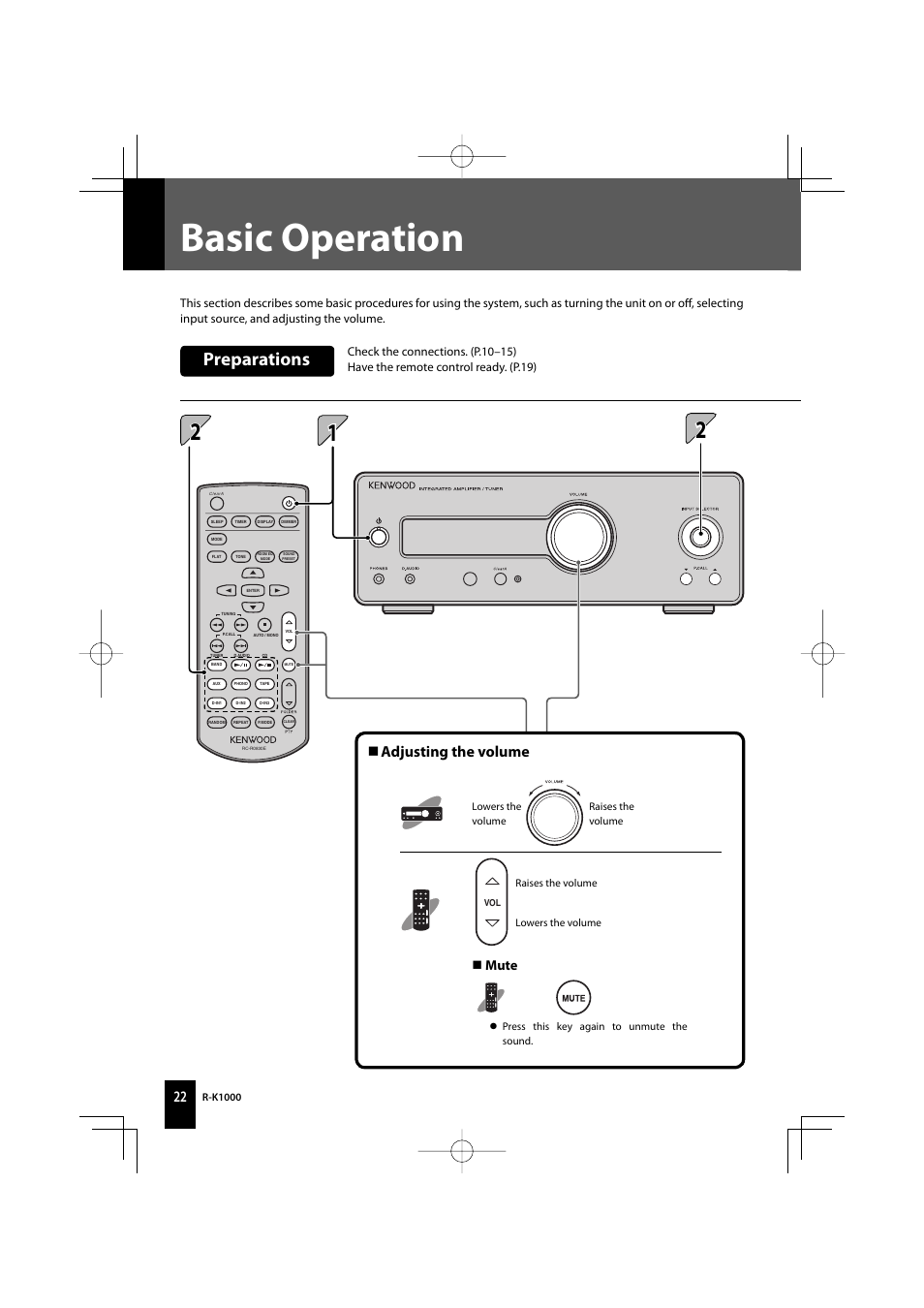 Basic operation, Preparations, Adjusting the volume n | Mute n | Kenwood AMPLIFIER/TUNER R-K1000 User Manual | Page 22 / 68