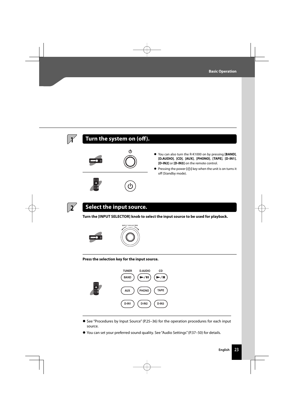 Turn the system on (off ), Select the input source | Kenwood AMPLIFIER/TUNER R-K1000 User Manual | Page 23 / 68