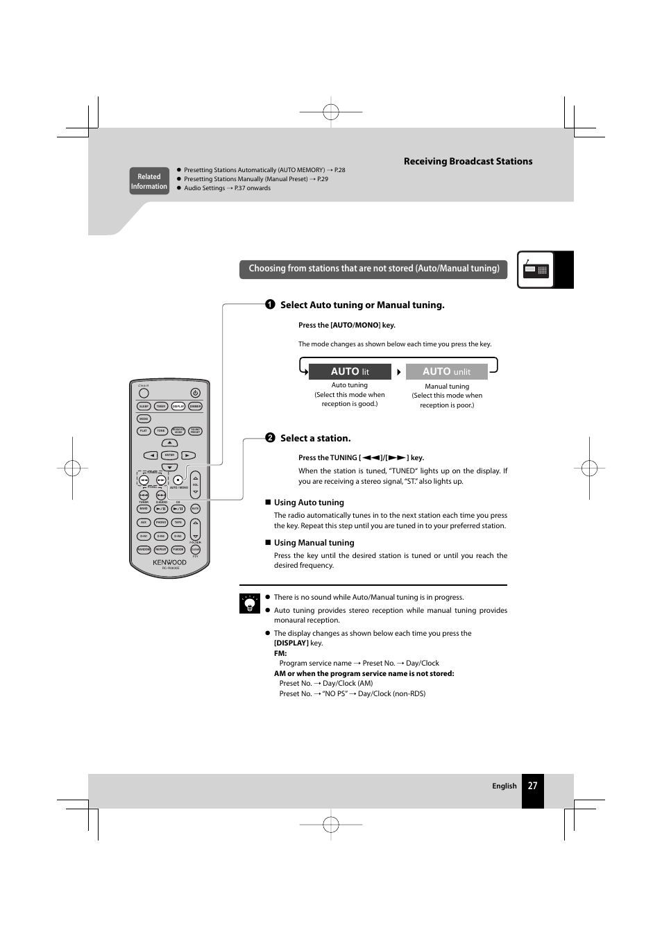 Auto, Receiving broadcast stations, Unlit | Using auto tuning, Using manual tuning | Kenwood AMPLIFIER/TUNER R-K1000 User Manual | Page 27 / 68