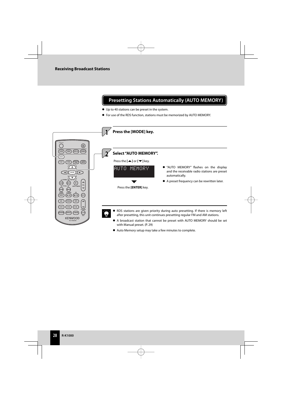Press the [mode] key, Receiving broadcast stations | Kenwood AMPLIFIER/TUNER R-K1000 User Manual | Page 28 / 68