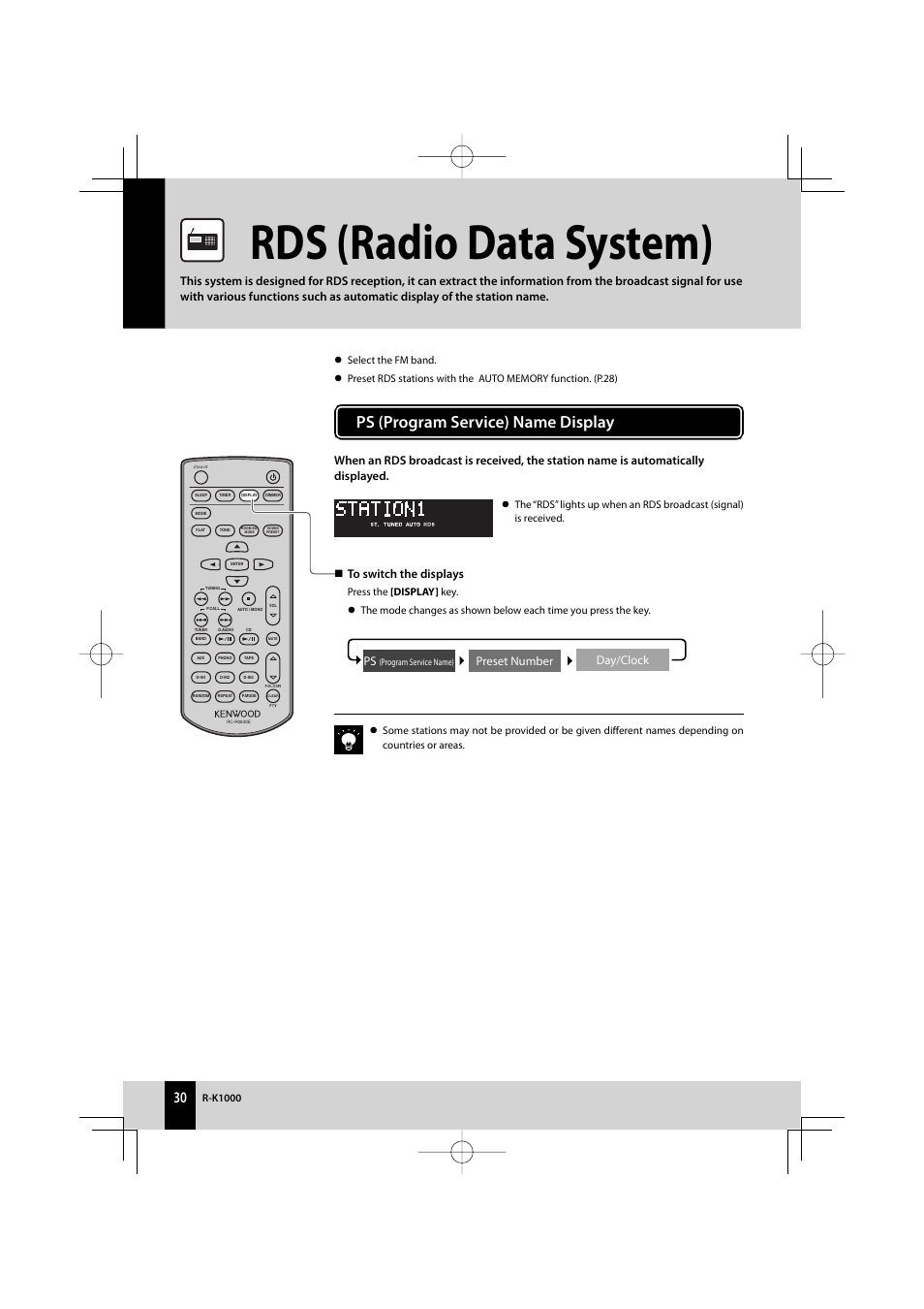 Rds (radio data system), Ps (program service) name display, Day/clock preset number ps | Kenwood AMPLIFIER/TUNER R-K1000 User Manual | Page 30 / 68