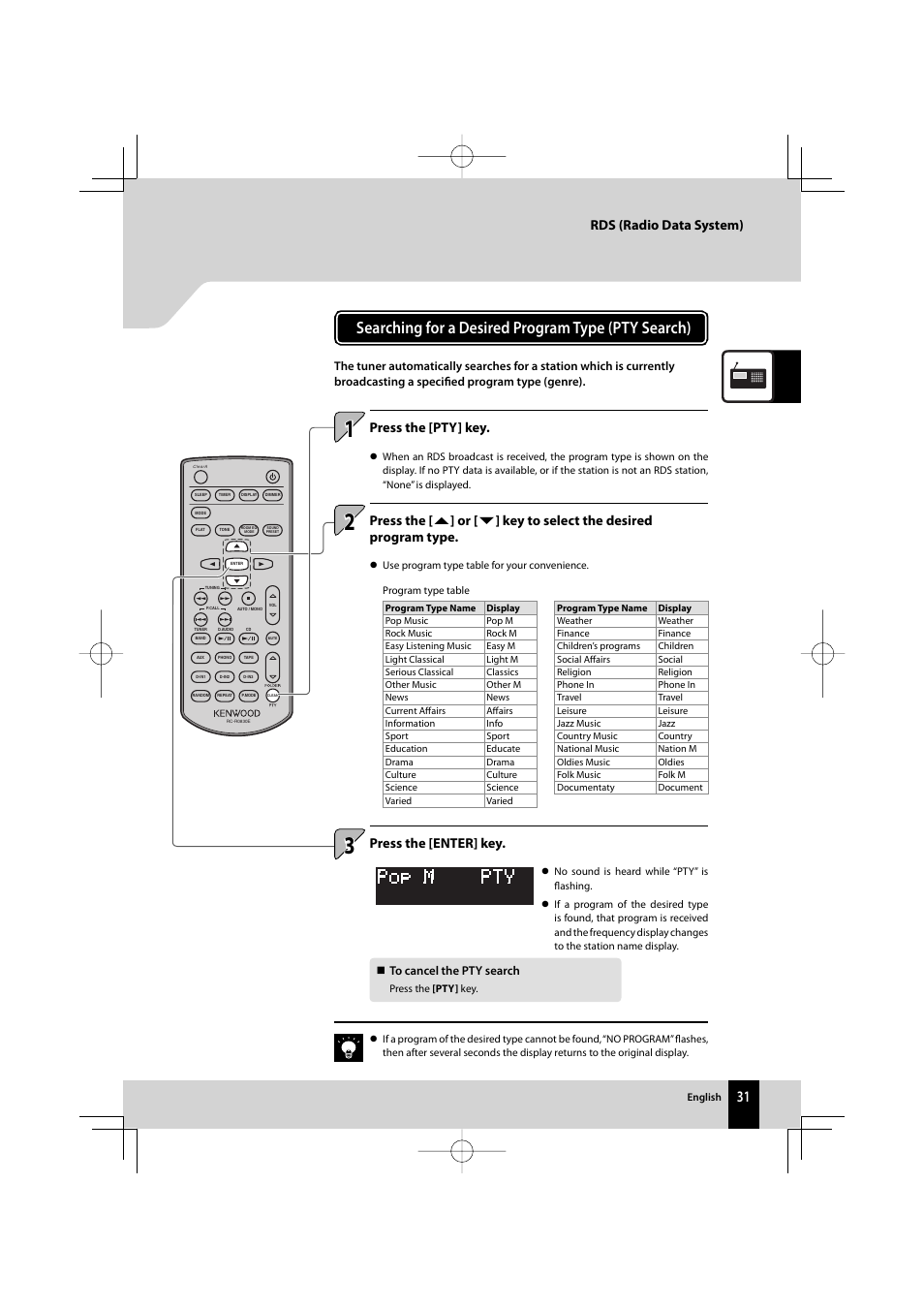 Searching for a desired program type (pty search), Press the [pty] key, Press the [enter] key | Rds (radio data system) | Kenwood AMPLIFIER/TUNER R-K1000 User Manual | Page 31 / 68