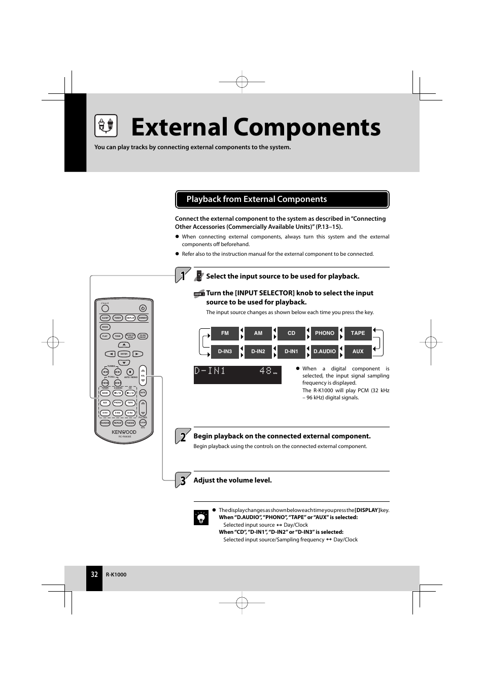 External components, Playback from external components, Begin playback on the connected external component | Kenwood AMPLIFIER/TUNER R-K1000 User Manual | Page 32 / 68