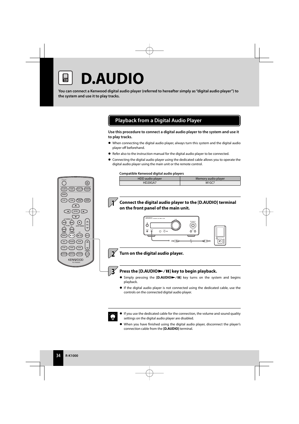 D.audio, Playback from a digital audio player, Turn on the digital audio player | Press the [d.audio e ] key to begin playback | Kenwood AMPLIFIER/TUNER R-K1000 User Manual | Page 34 / 68